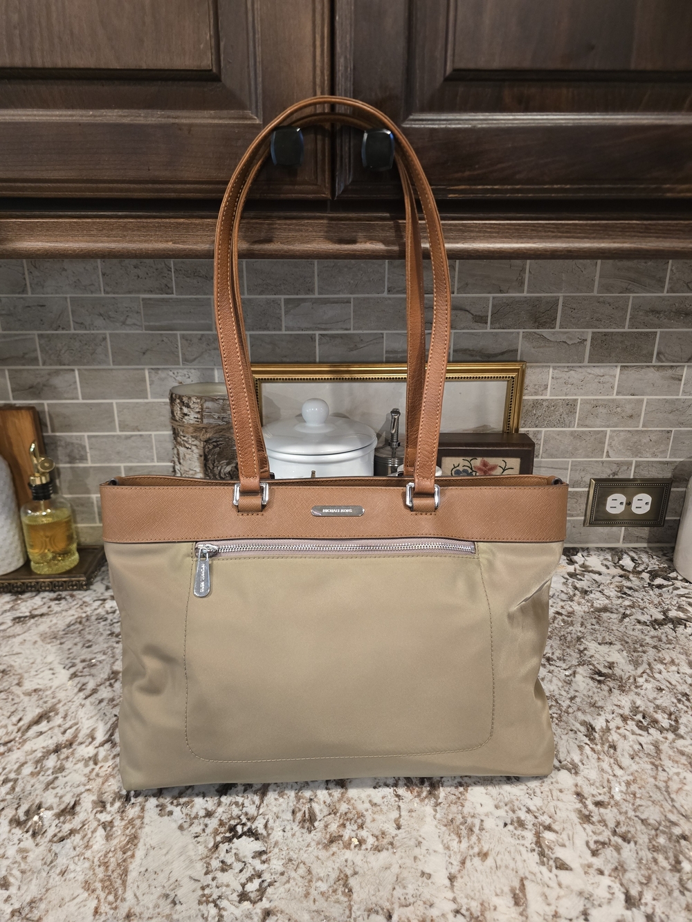 Michael Kors Light Brown Nylon Tote Bag with Tan Leather Trim